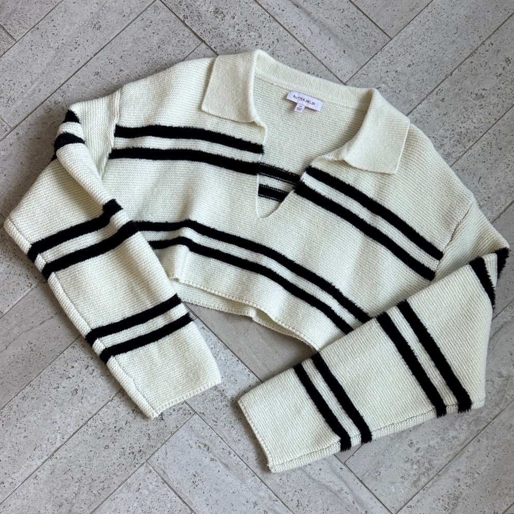 Striped V-Neck Sweater - Cream and Black
